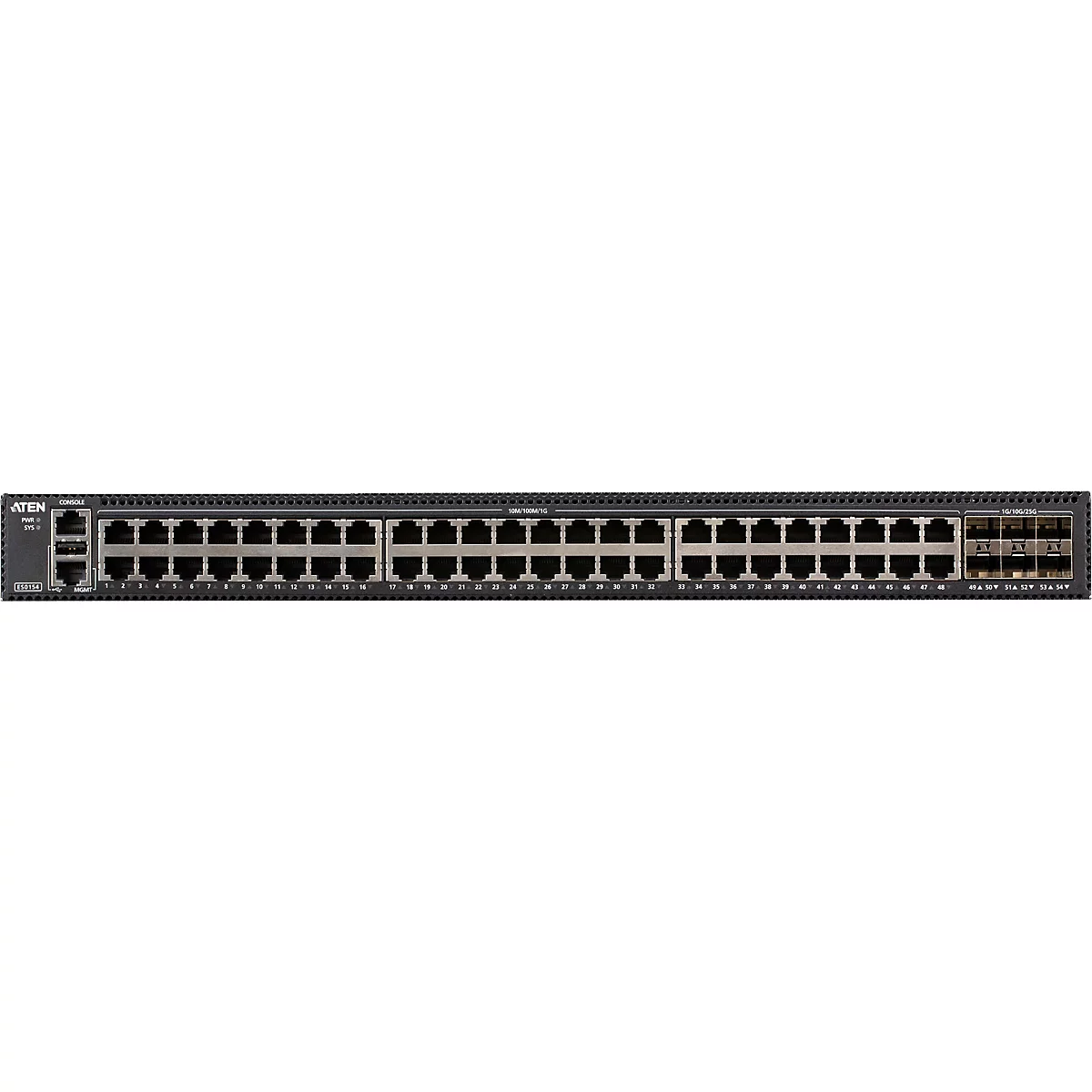 Schwarzer Aten Netzwerk-Switch mit 48 RJ45-Ports und 6 SFP-Anschlüssen vor neutralem Hintergrund.