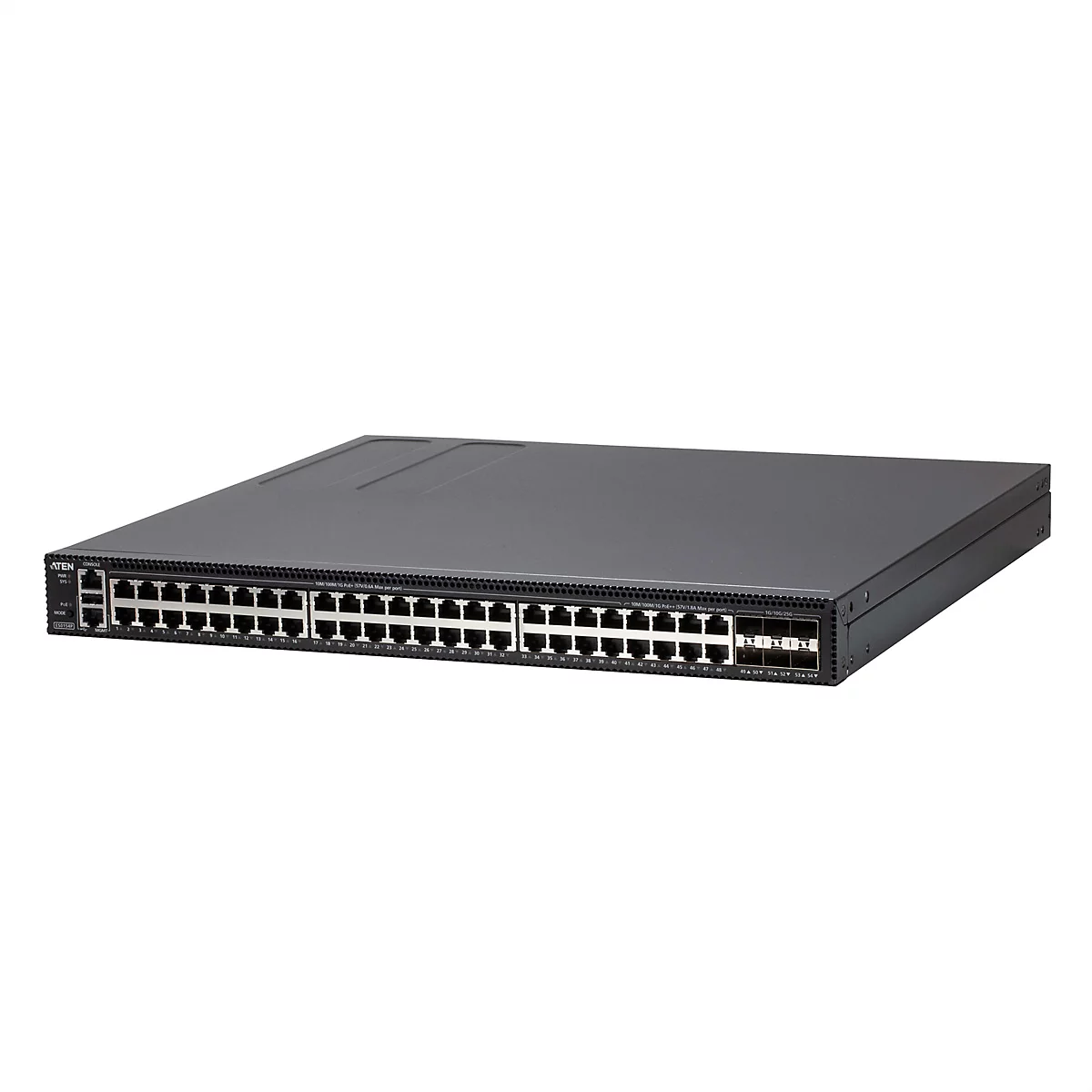 Schwarzer Aten Netzwerk-Switch mit vielen Ethernet-Ports, vor weißem Hintergrund.