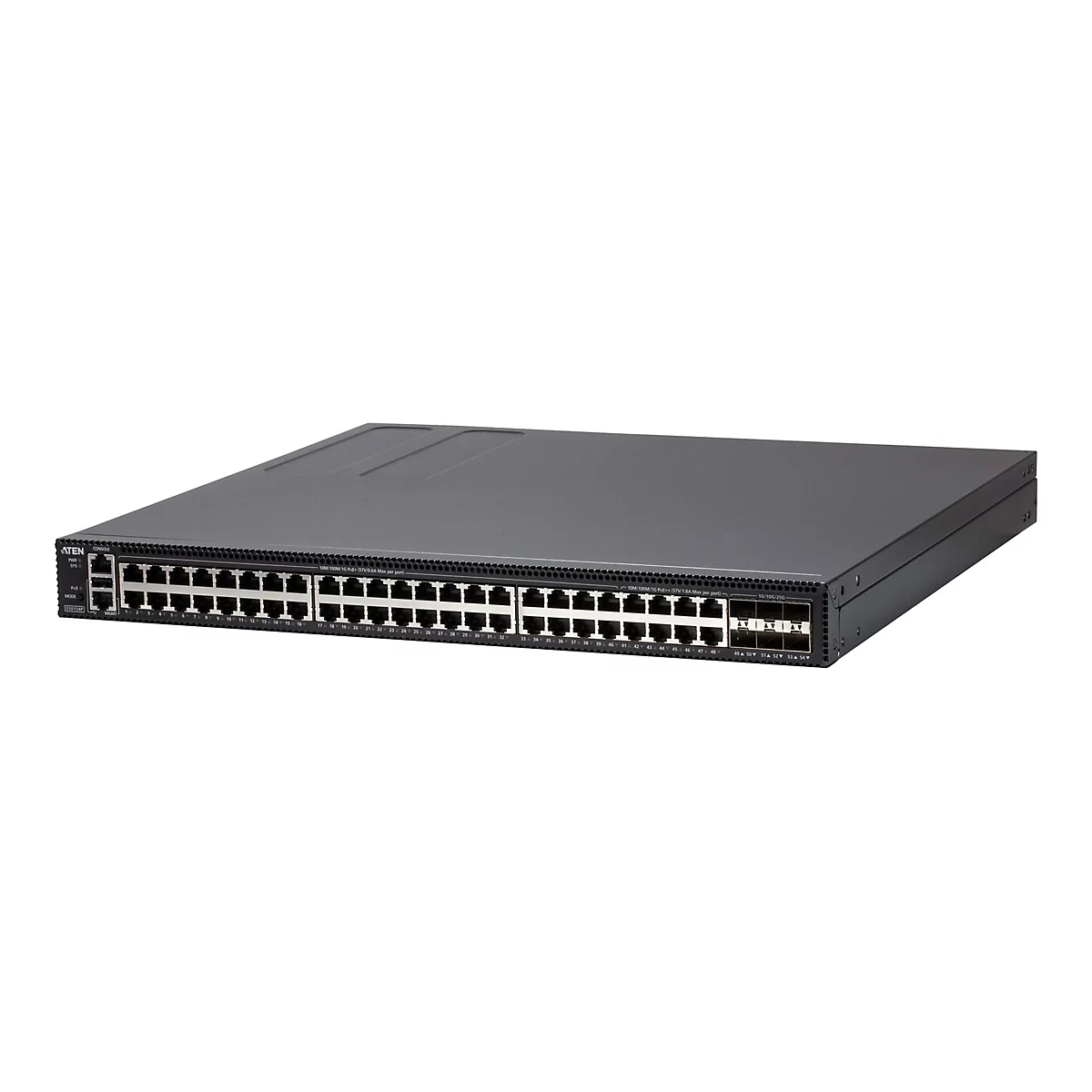 Schwarzer Netzwerk-Switch von Aten mit 48 RJ45-Ports und 6 SFP-Ports an der Vorderseite vor weißem Hintergrund.