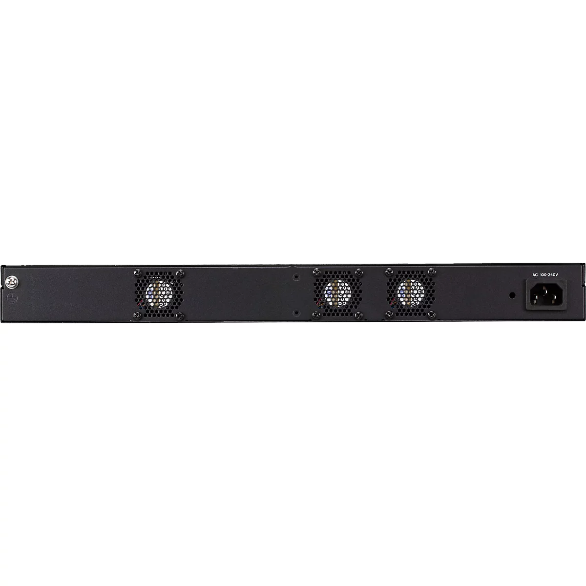 Rückseite eines schwarzen Netzwerk-Switches mit drei Lüftern und einem Stromanschluss.
