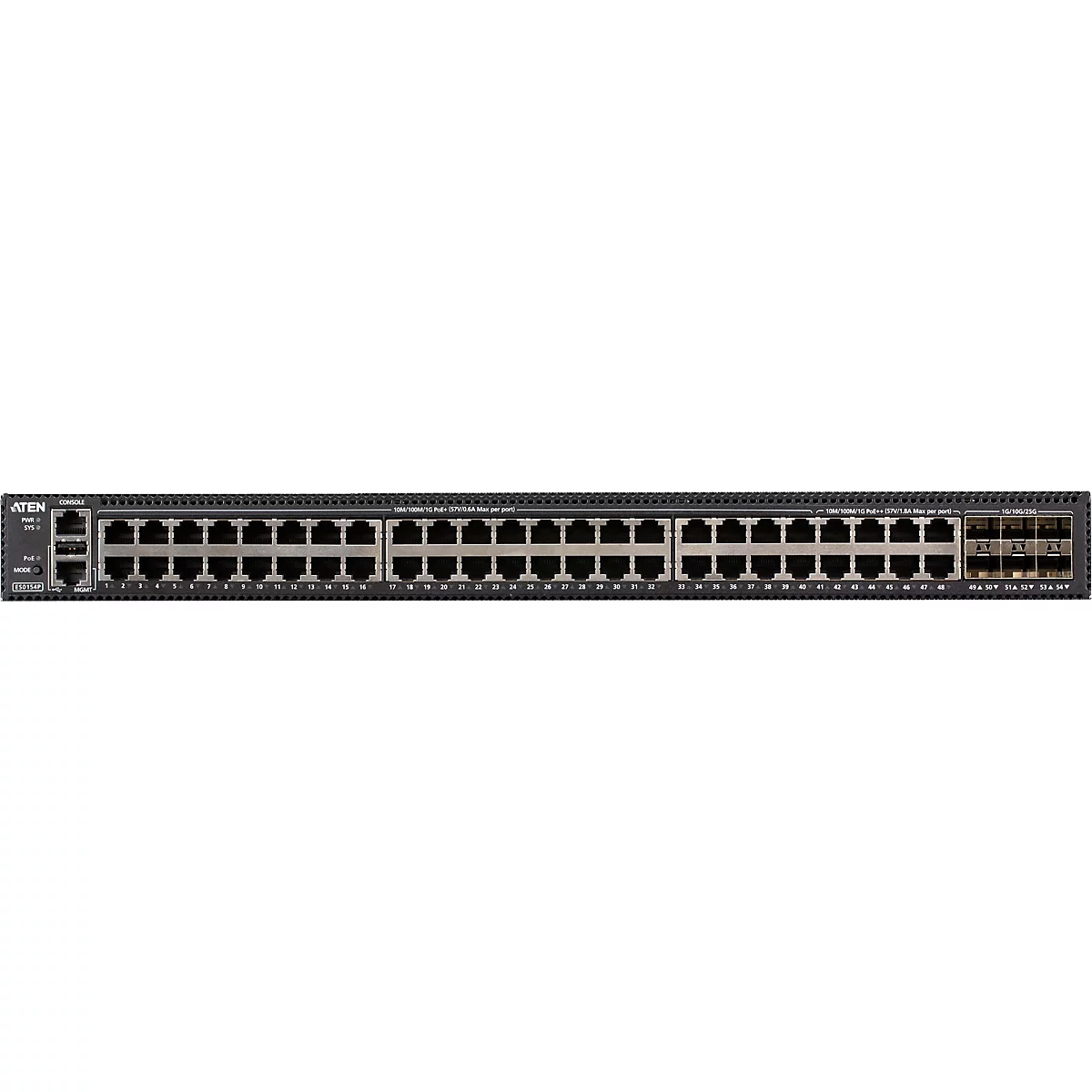Schwarzer Aten Netzwerk-Switch ES0154P mit zahlreichen RJ45-Ports und sechs SFP-Modulschächten in der Vorderansicht.