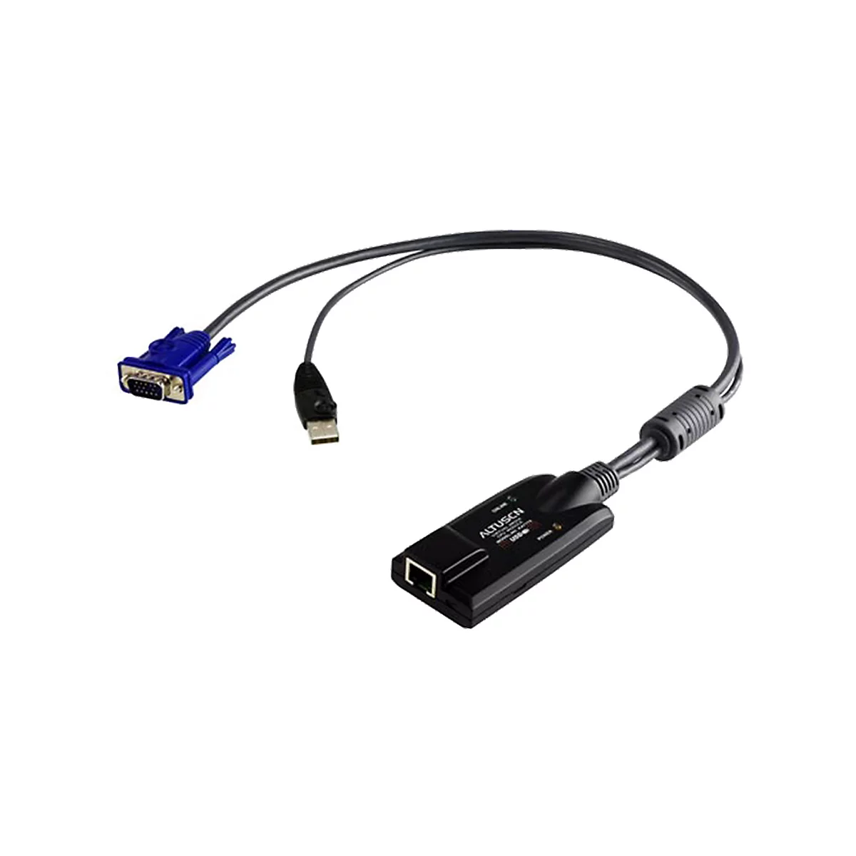 KVM-Adapter mit VGA- und USB-Anschluss sowie Netzwerk-Port in schwarzem Gehäuse vor weißem Hintergrund.