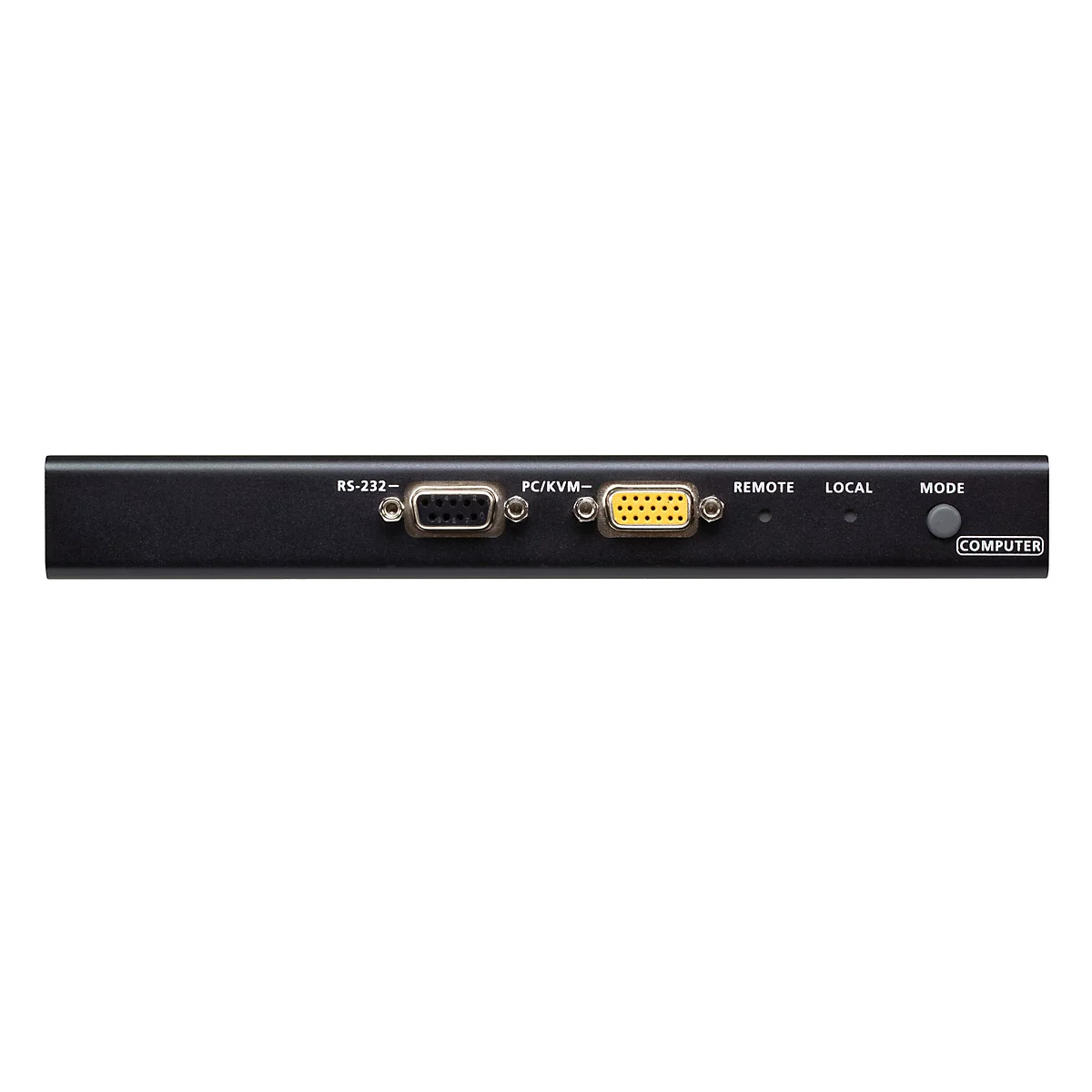Schwarze Frontblende mit RS-232 Anschluss, gelbem VGA-Port, Status-LEDs für Remote und Local sowie einem Mode-Knopf.