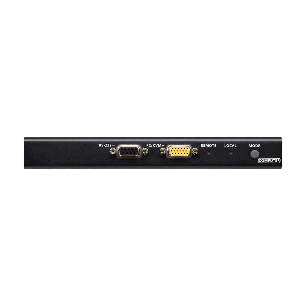 Schwarze Frontblende mit RS-232 Anschluss, VGA-Buchse und einem MODE-Taster.