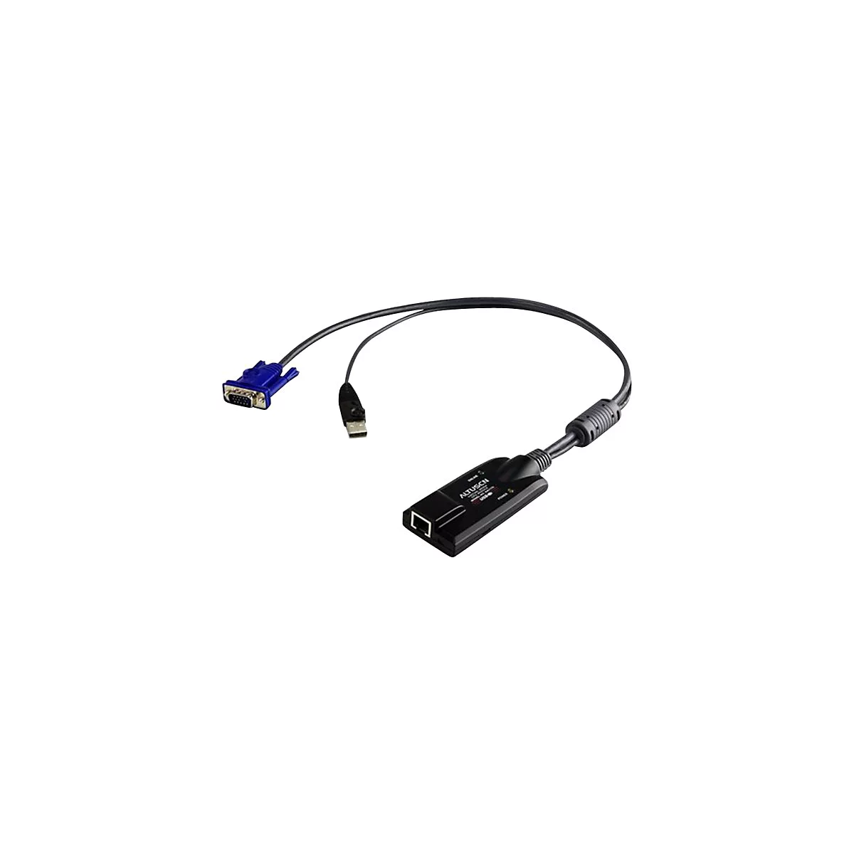 KVM-Adapterkabel mit USB- und VGA-Anschluss, das in ein RJ-45-Modul führt.