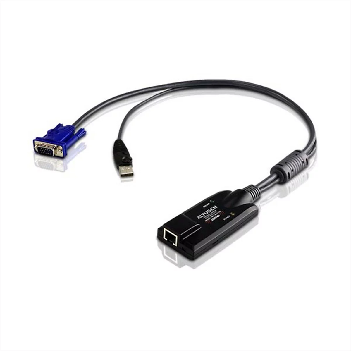 Ein schwarzer Altusen VGA-zu-USB-Adapter mit Netzwerkkabel-Anschluss vor weißem Hintergrund.