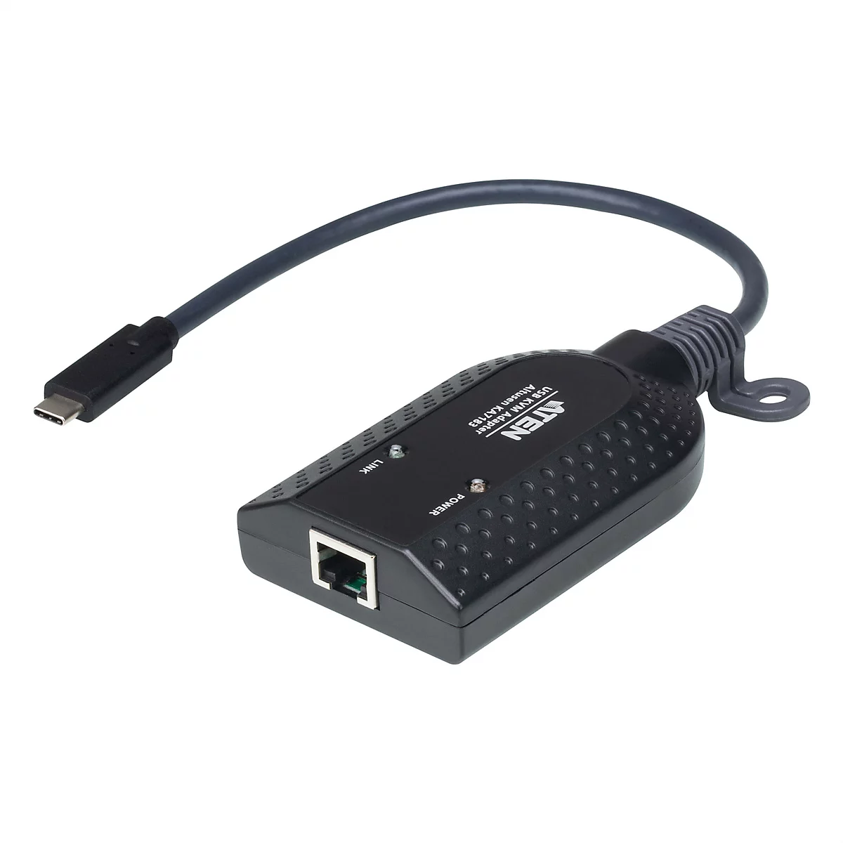 Schwarzer Aten USB-KVM-Adapter mit RJ45-Port, USB-C-Stecker und Status-LEDs vor weißem Hintergrund.
