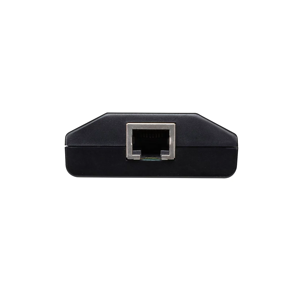 Schwarzes Kunststoffgehäuse mit einem zentralen silbernen RJ45-Netzwerkanschluss vor weißem Hintergrund.