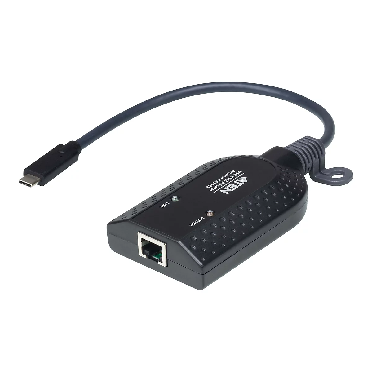 Schwarzer Aten USB-KVM-Adapter mit RJ45-Anschluss und kurzem USB-C-Kabel vor weißem Hintergrund.