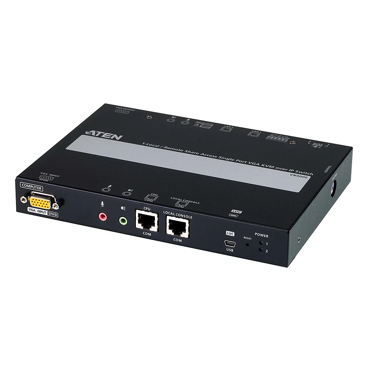 Schwarzer ATEN KVM-over-IP-Switch CN9000 mit diversen Anschlussbuchsen vor weißem Hintergrund.