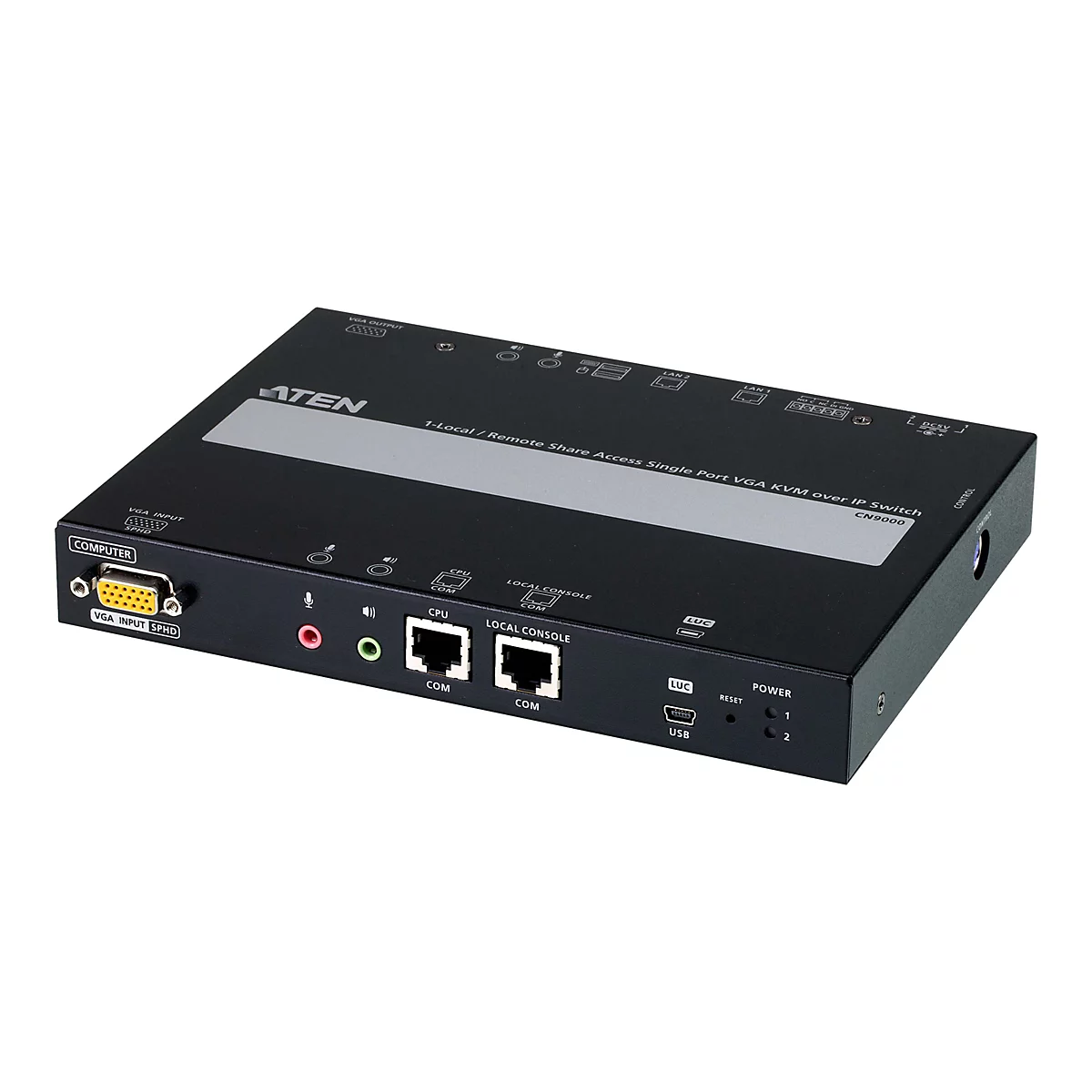 Schwarzer ATEN CN9000 KVM-over-IP-Switch mit verschiedenen Anschlüssen auf der Vorderseite.