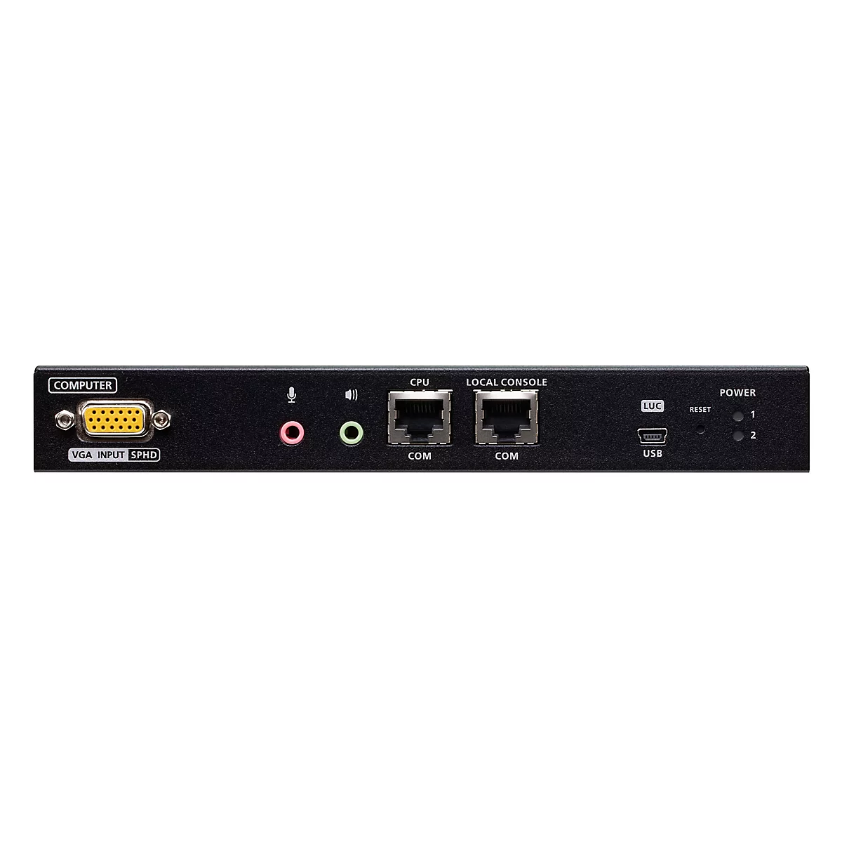 Rückseite eines schwarzen Netzwerkgeräts mit VGA-, Audio-, COM-, USB-Anschlüssen und LED-Statusanzeigen.