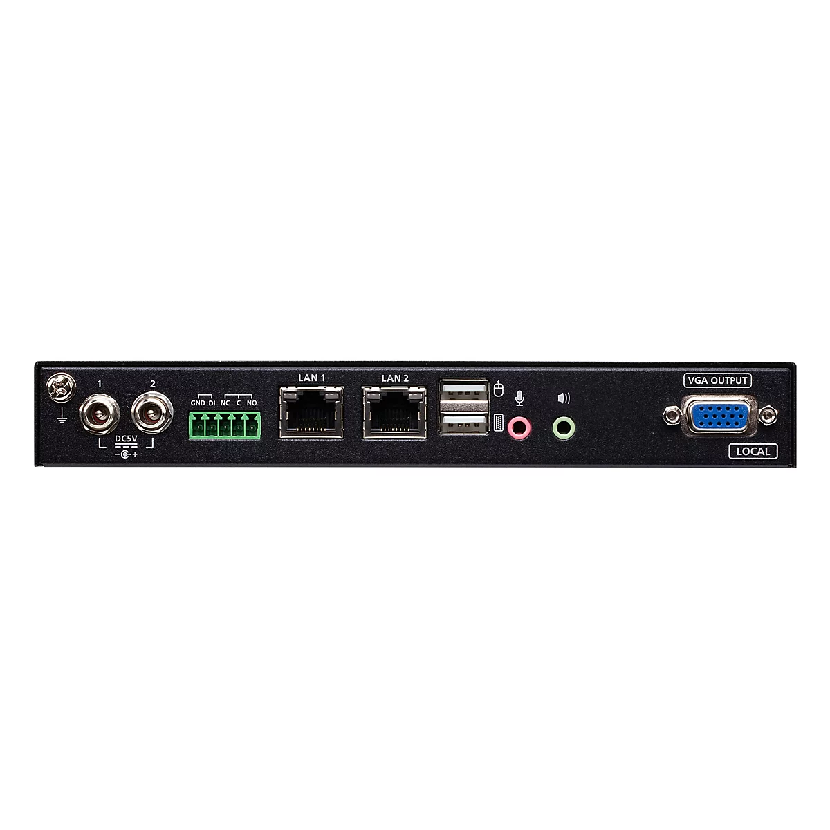 Rückseite eines schwarzen Netzwerkgeräts mit Anschlüssen für Strom, LAN, USB, Audio und VGA-Ausgang.