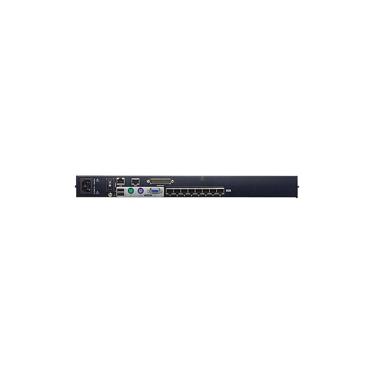Rückseite eines schwarzen Netzwerkgeräts mit Anschlüssen für Strom, LAN, USB, VGA und Netzwerk. Einige Ports sind beschriftet.