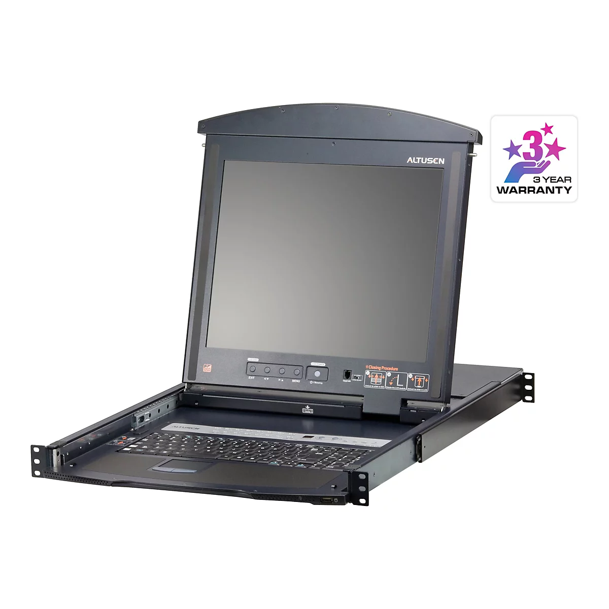 Altusen Rack-Konsole mit ausgeklapptem Bildschirm und Tastatur, inklusive Garantie-Symbol.