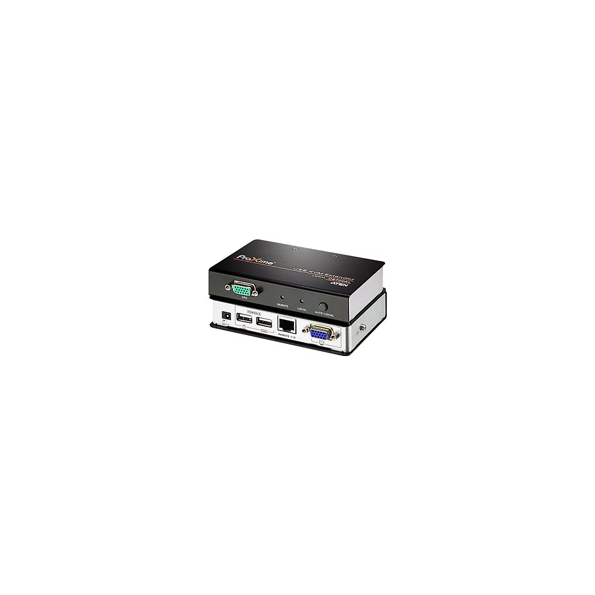 Ein schwarzer USB KVM Extender mit AnschlÃ¼ssen, Ports und Beschriftung. Oben steht ProXime.