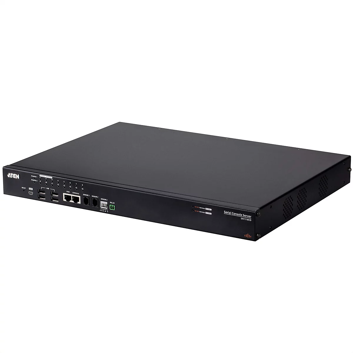 Schwarzer 19-Zoll ATEN Serial Console Server SN1116CO in Gehäuseform vor weißem Hintergrund.