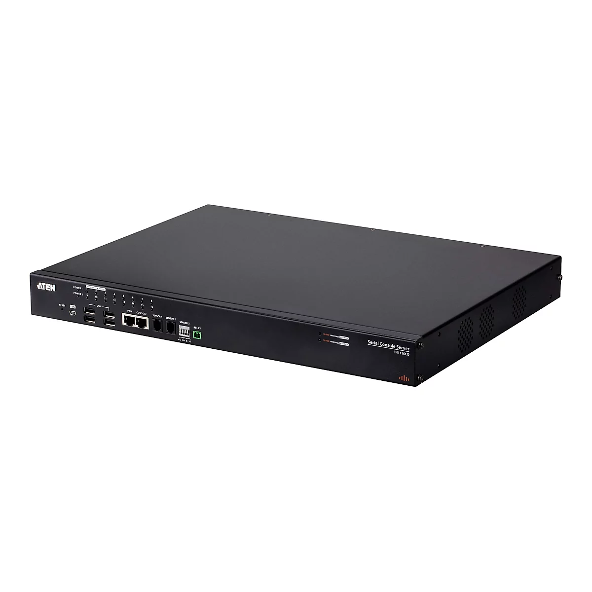 Schwarzer Aten Serial Console Server SN1116CO in flachem Gehäusedesign auf weißem Hintergrund.