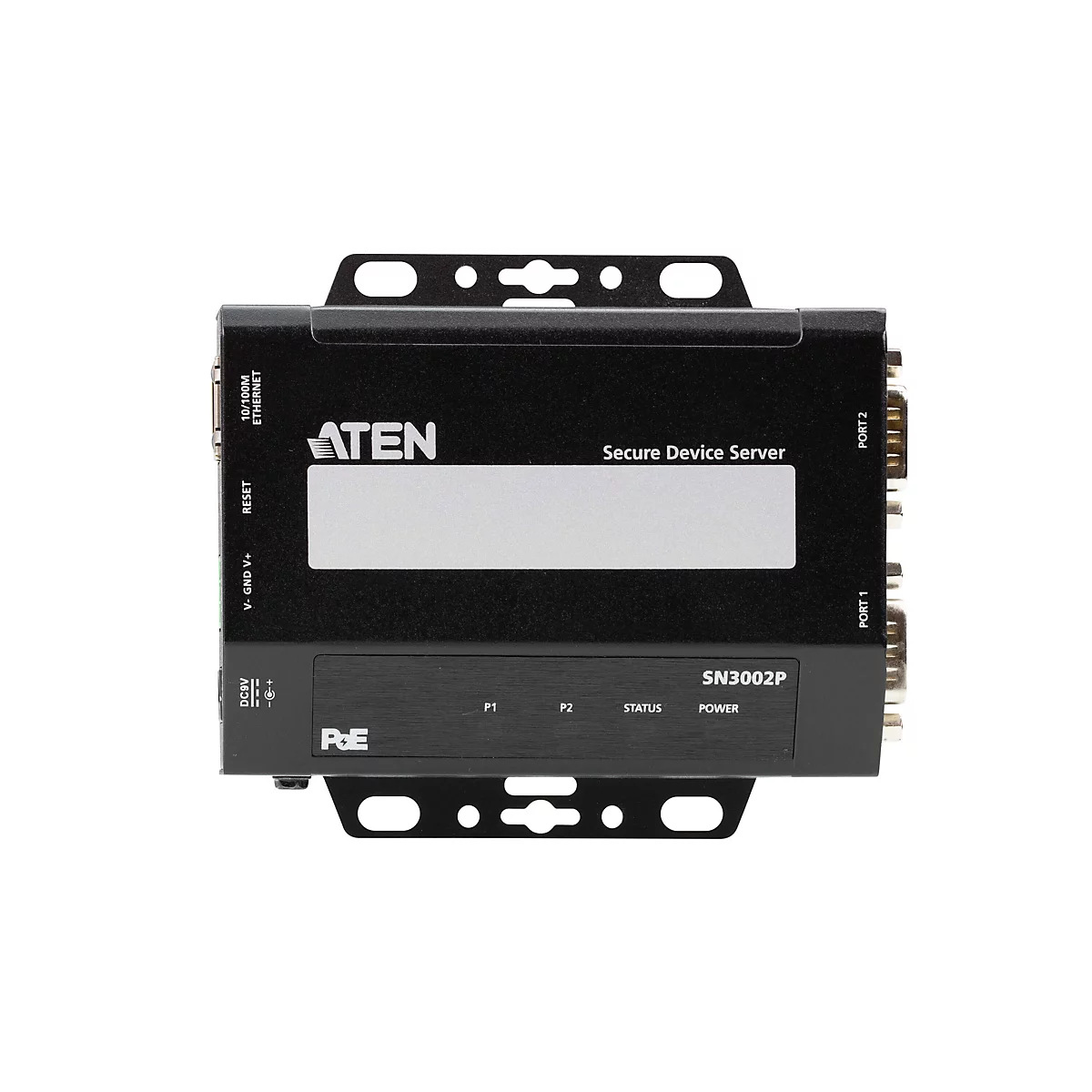Schwarzer ATEN Secure Device Server SN3002P mit Anschlüssen und LED-Beschriftungen auf weißem Grund.