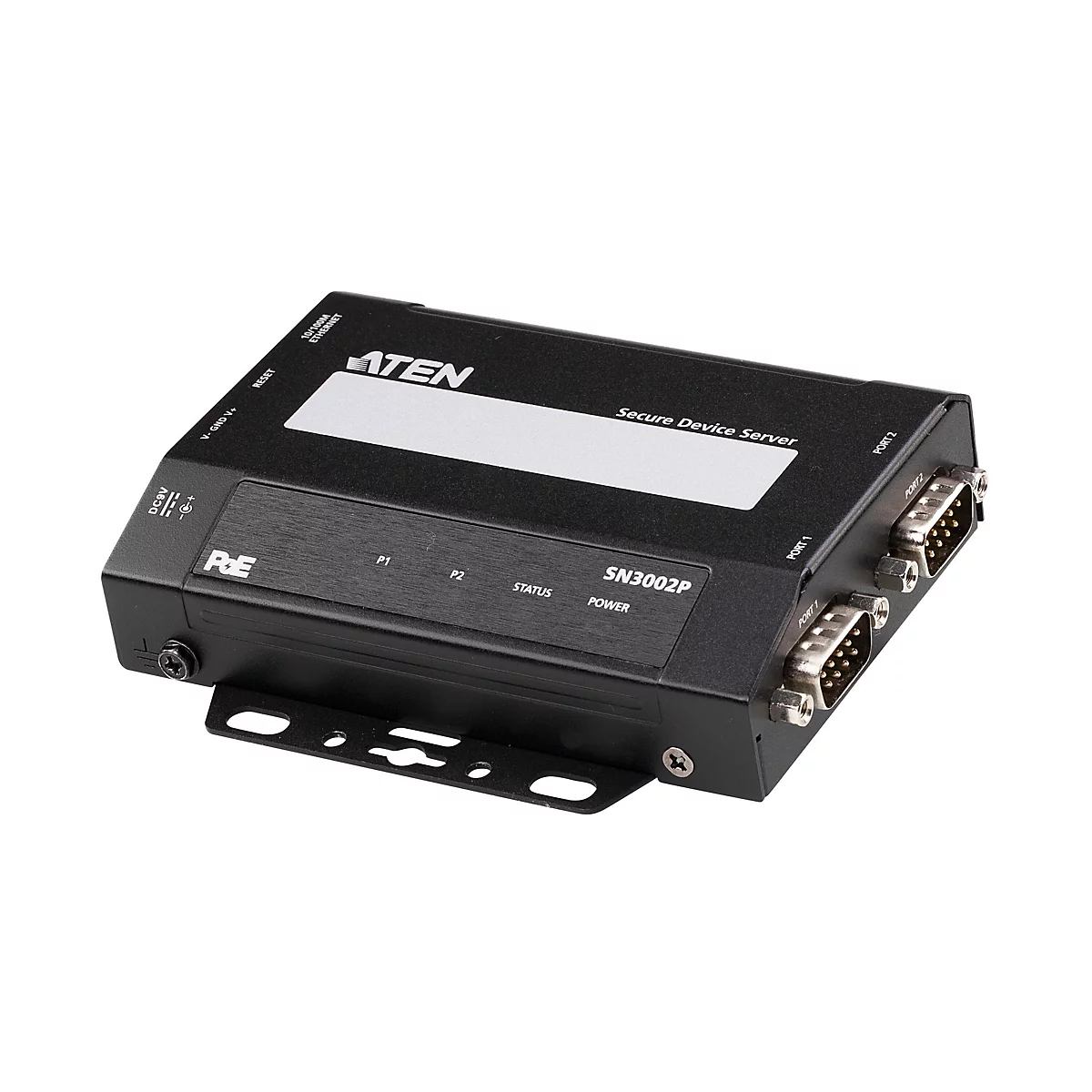 Schwarzer ATEN Secure Device Server SN3002P mit zwei seriellen Anschlüssen vor weißem Hintergrund.