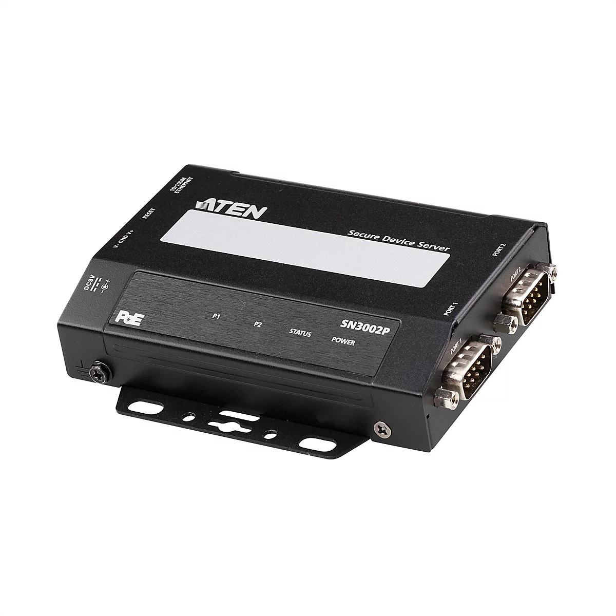 Schwarzer Aten Secure Device Server SN3002P mit zwei seriellen Anschlüssen vor weißem Hintergrund.