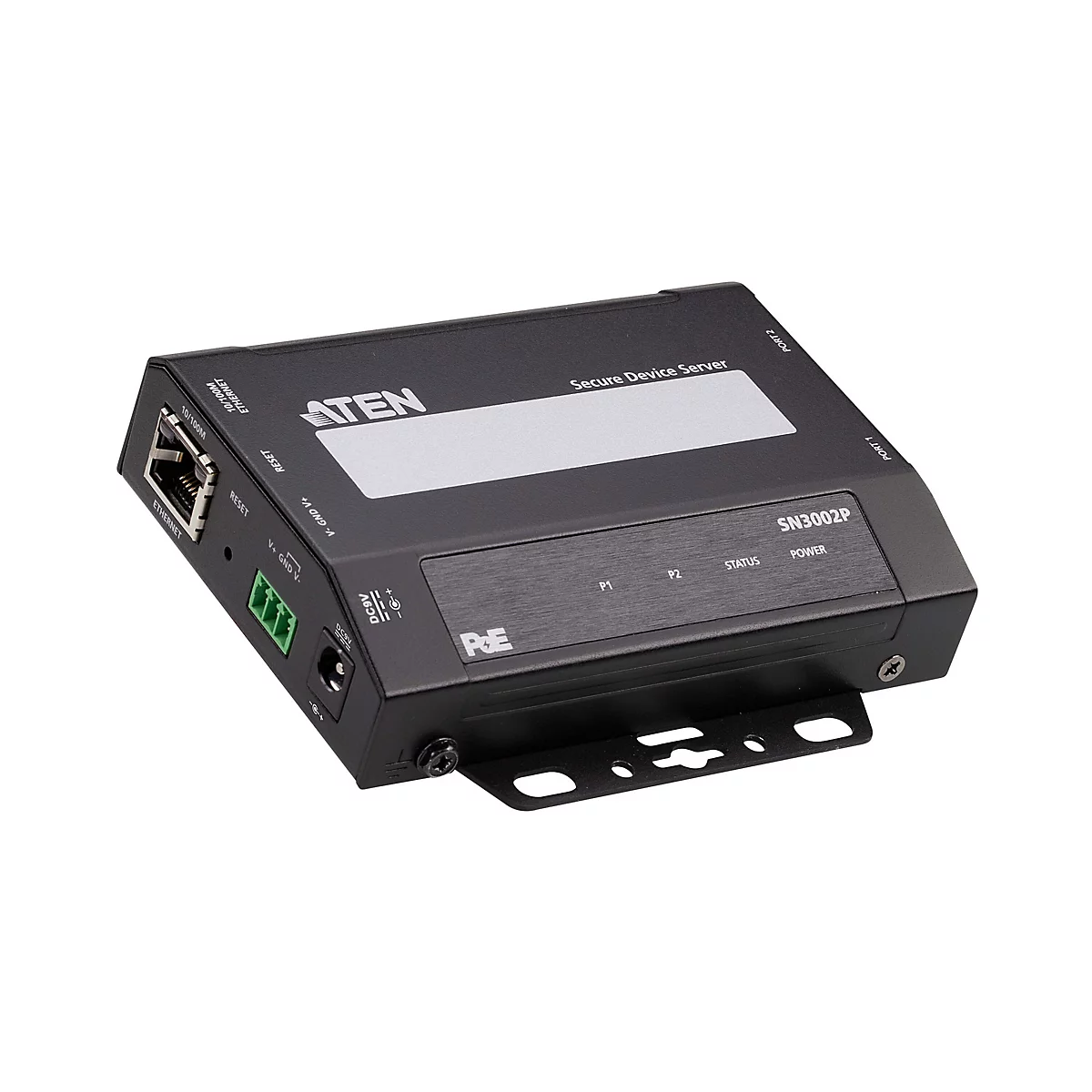 Schwarzer ATEN Secure Device Server SN3002P mit Ethernet-Anschluss und Anschlüssen für Strom und serielle Geräte.