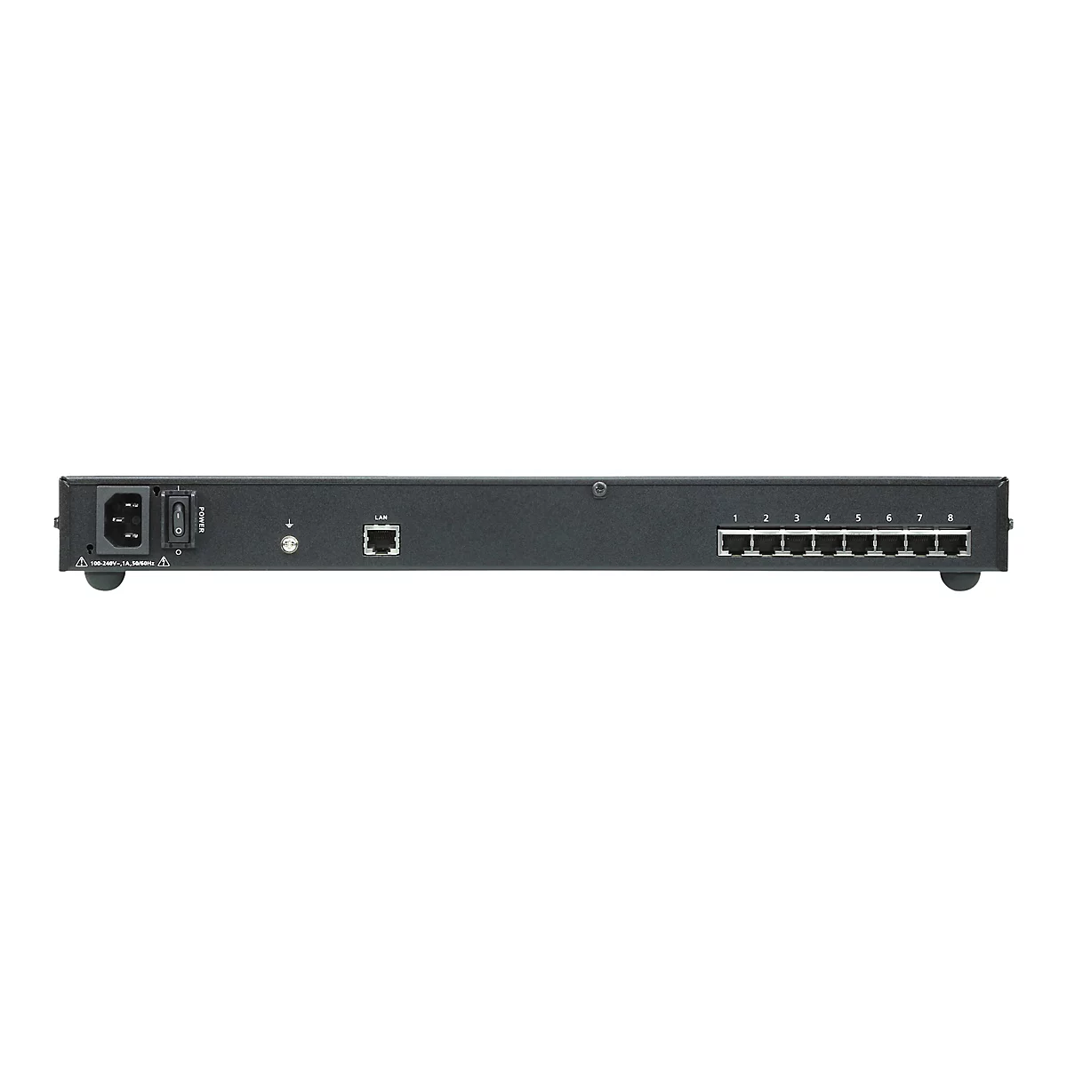 Rückseite eines schwarzen Netzwerk-Switches mit Stromanschluss, Netzschalter, LAN-Port und acht nummerierten Anschlüssen.