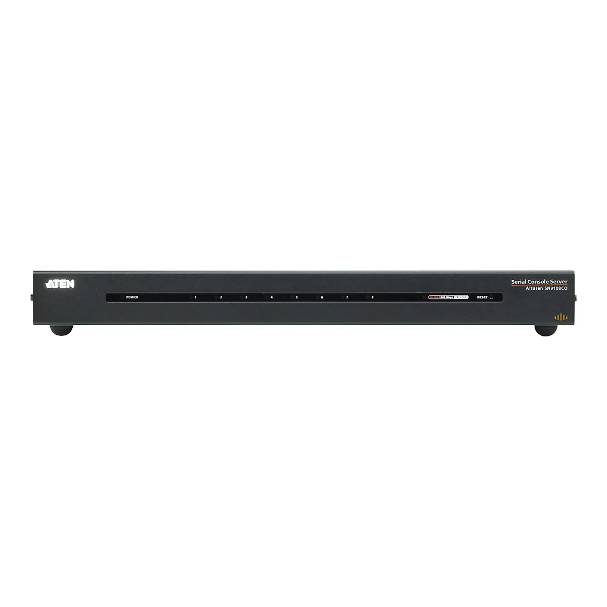 Schwarzer Aten Serial Console Server SN9108CO auf weißem Hintergrund, Vorderansicht mit acht Portanzeigen.