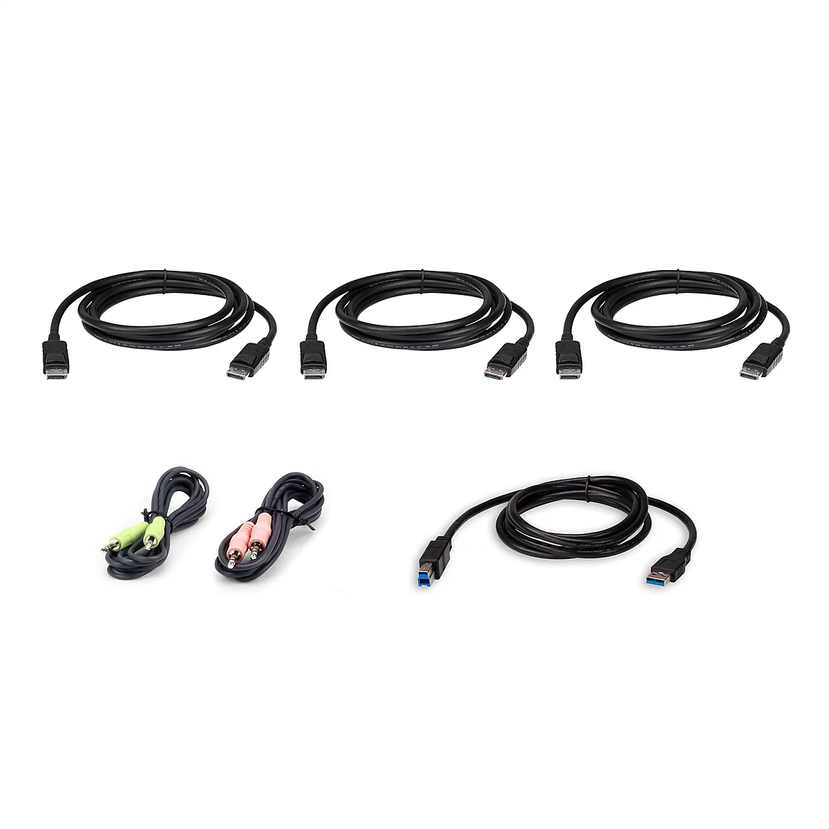 Mehrere schwarze DisplayPort-Kabel, zwei Audiokabel mit Klinkensteckern und ein USB-Kabel vor weißem Hintergrund.