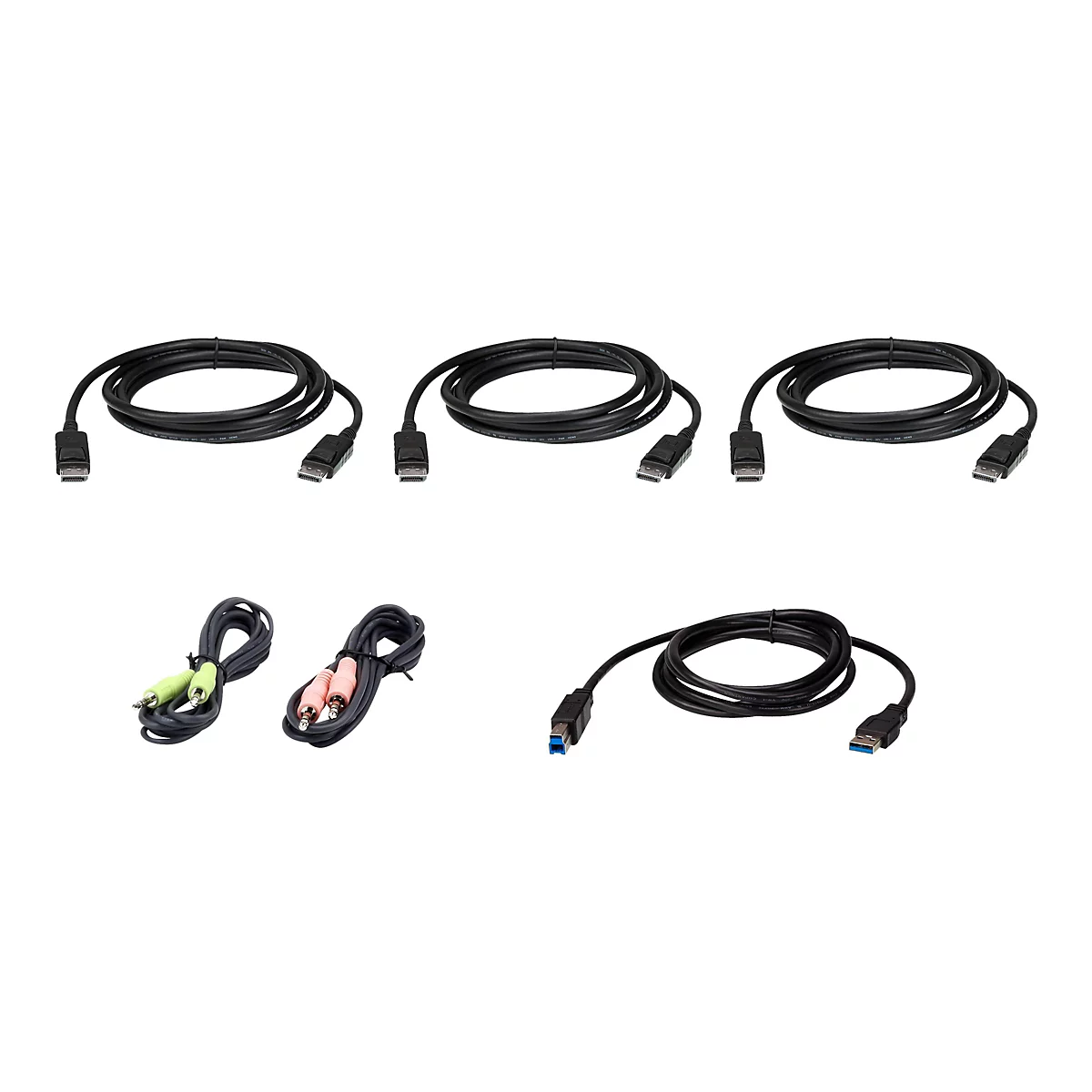 Mehrere schwarze Verbindungskabel, darunter DisplayPort-Kabel, Audiokabel und ein USB-Kabel vor weißem Hintergrund.