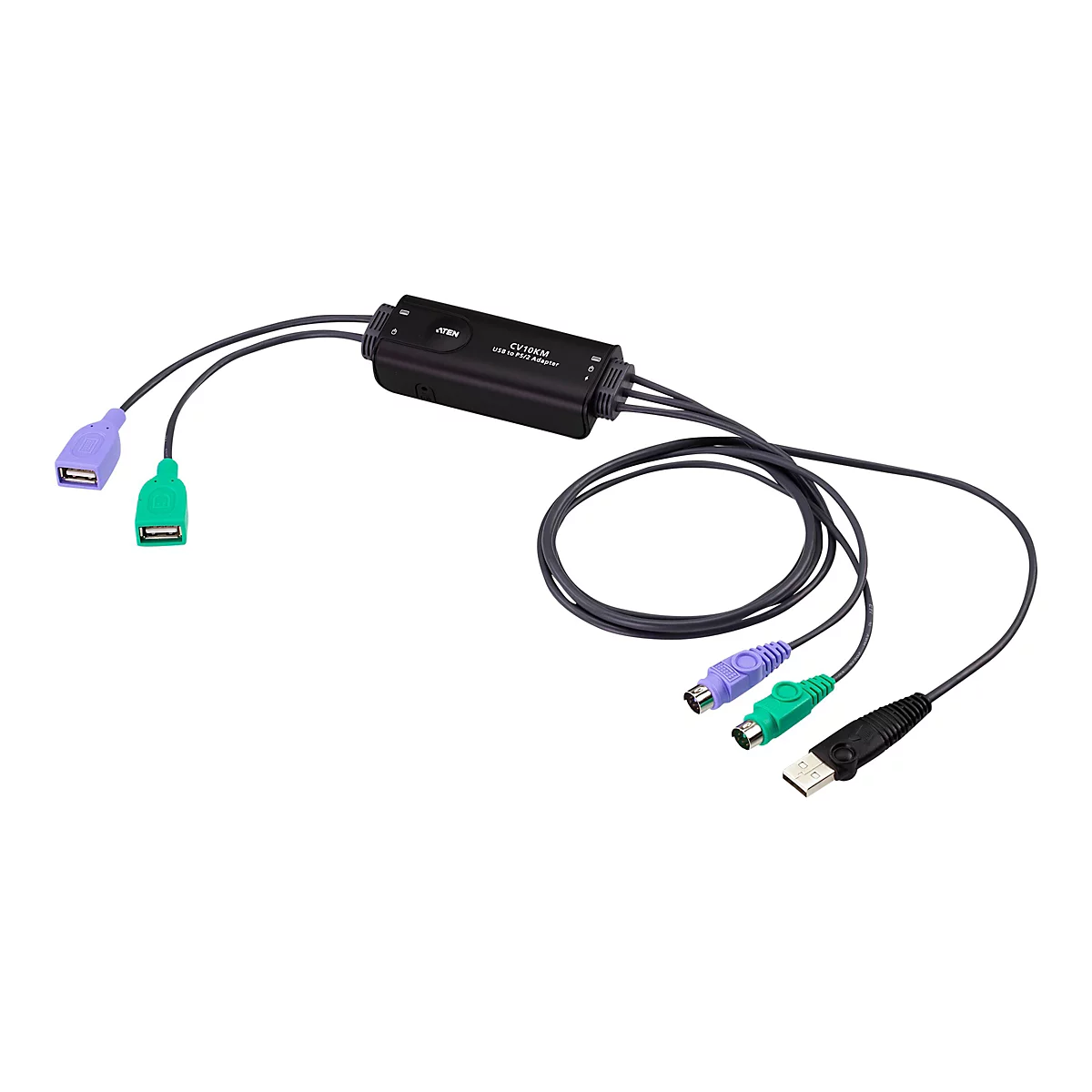 Schwarzer Aten USB-zu-PS/2-Adapter mit farbigen Steckern vor weißem Hintergrund.