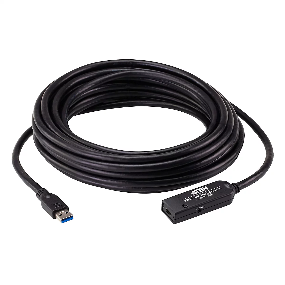 Aufgerolltes, schwarzes USB 3.2 Gen1 Typ-A auf Typ-C Verlängerungskabel von ATEN auf weißem Hintergrund.