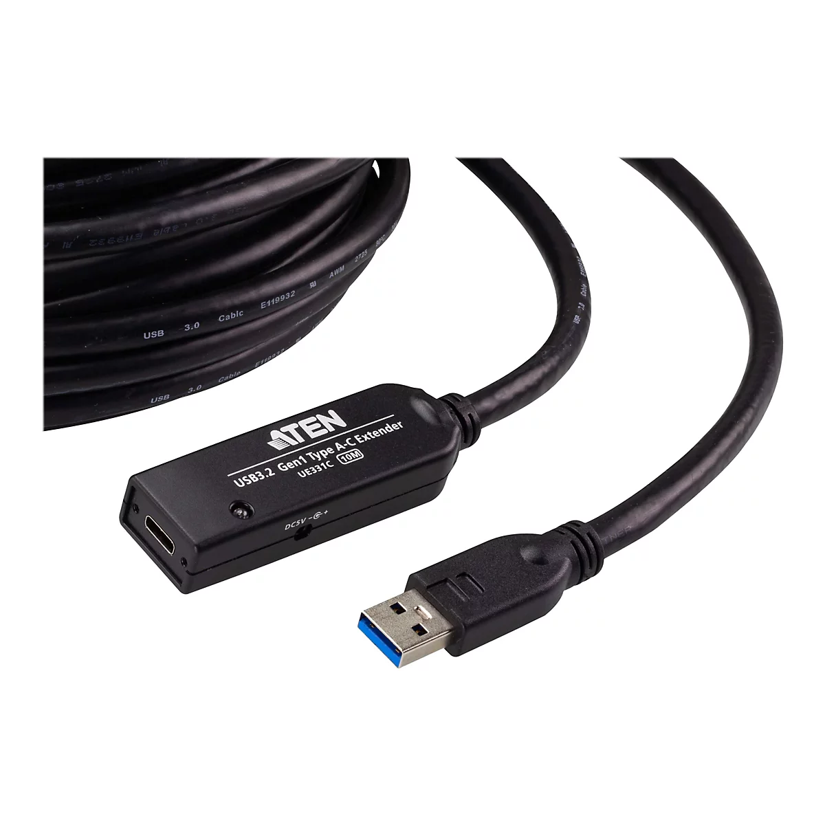 Schwarzes USB 3.2 Gen1 Typ A-C Verlängerungskabel von ATEN mit integriertem Signalverstärker.