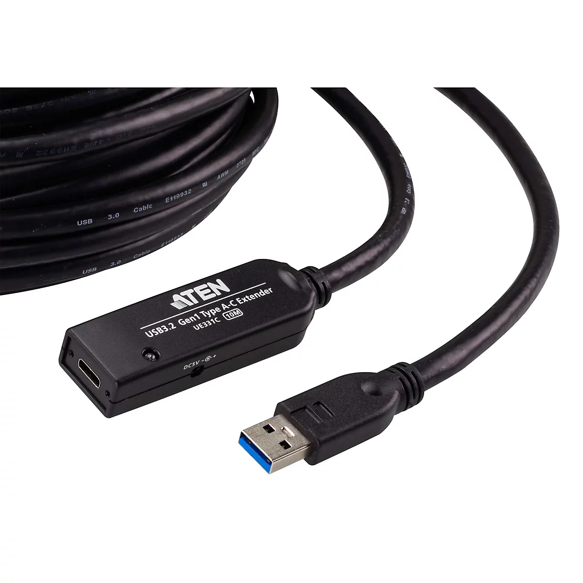 Schwarzes ATEN USB 3.2 Gen1 Typ-A-auf-C-Verlängerungskabel, 10 Meter lang, mit Anschlüssen und Adaptergehäuse.