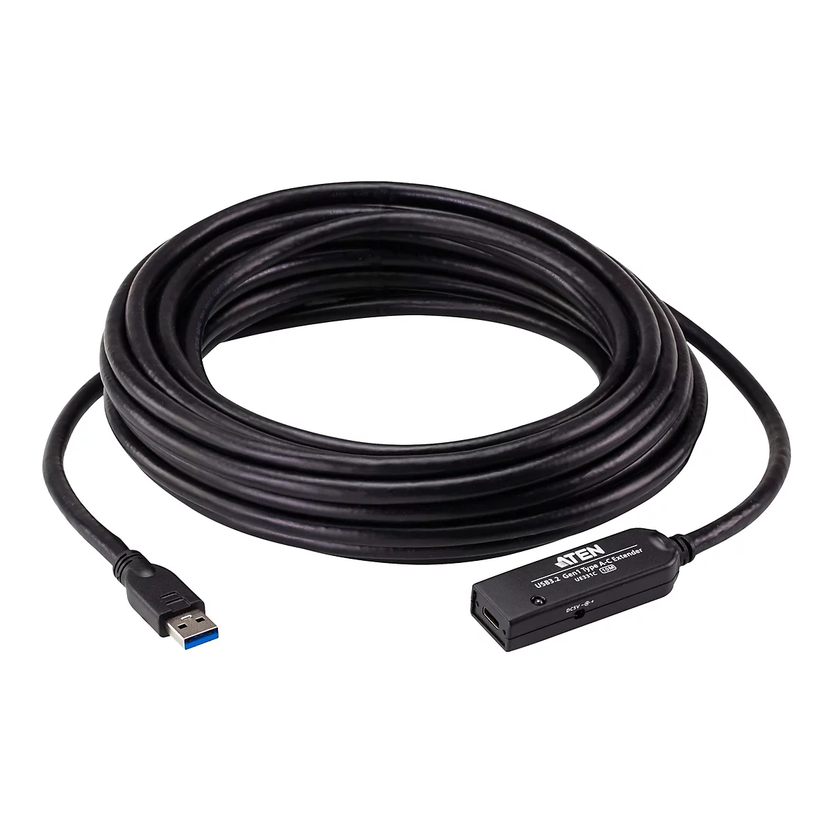 Aufgerolltes, schwarzes USB 3.2 Gen1 Typ A-C Verlängerungskabel von Aten mit Anschlusssteckern.