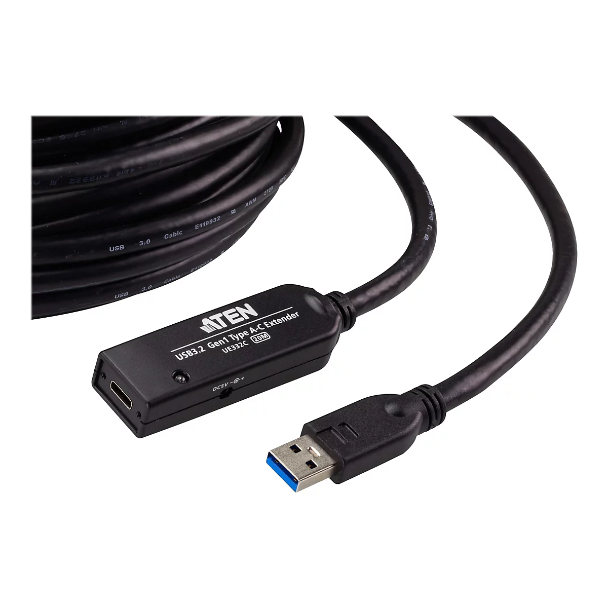 Schwarzes ATEN USB 3.2 Gen1 Typ-A-auf-C-Verlängerungskabel, 20 Meter, aufgerollt mit Anschlussmodul.