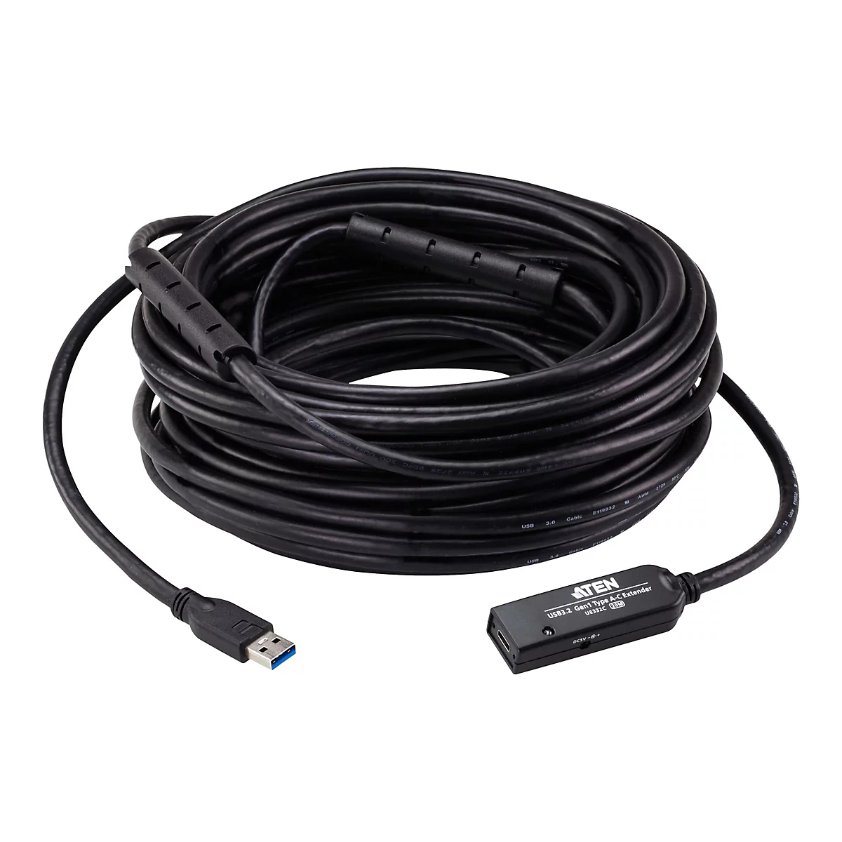 Aufgerolltes, schwarzes USB-3.2-A-auf-C-Verlängerungskabel mit ATEN-Logo vor weißem Hintergrund.