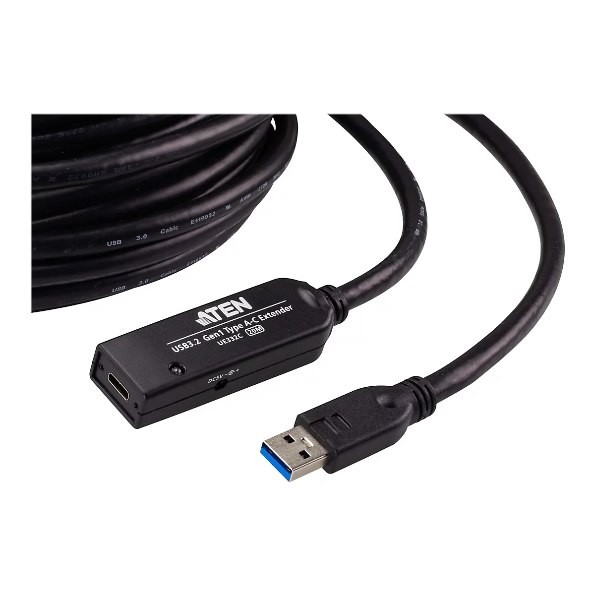 Schwarzes ATEN USB 3.2 Gen1 Verlängerungskabel mit Stecker und Buchse vor weißem Hintergrund.