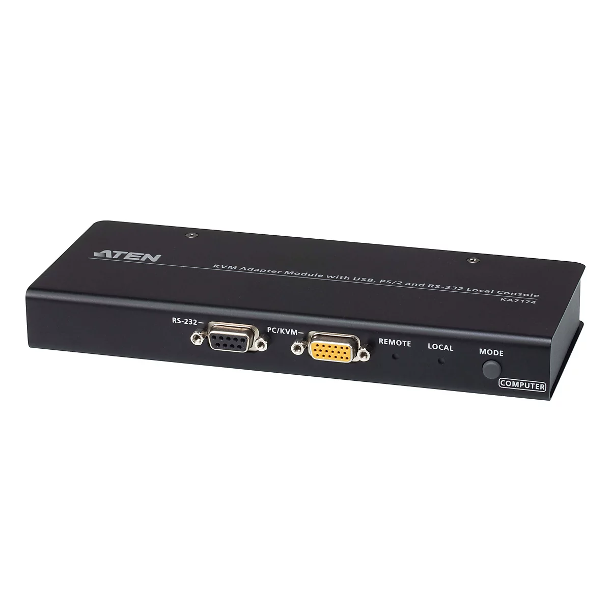 Schwarzes ATEN KVM-Adaptermodul KA7174 mit RS-232- und VGA-Anschlüssen vor weißem Hintergrund.