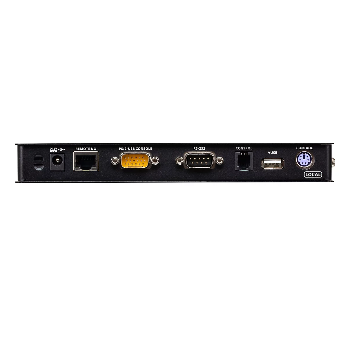 Rückseite eines schwarzen technischen Geräts mit verschiedenen Anschlüssen wie DC, Ethernet, VGA, RS-232, USB und PS/2.
