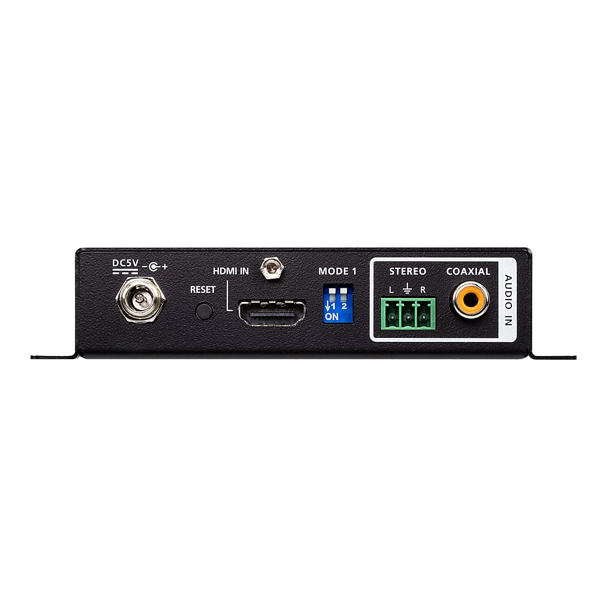 Rückseite eines schwarzen elektronischen Geräts mit Anschlüssen für Strom, HDMI, Stereo-Audio und Koaxial-Eingang.