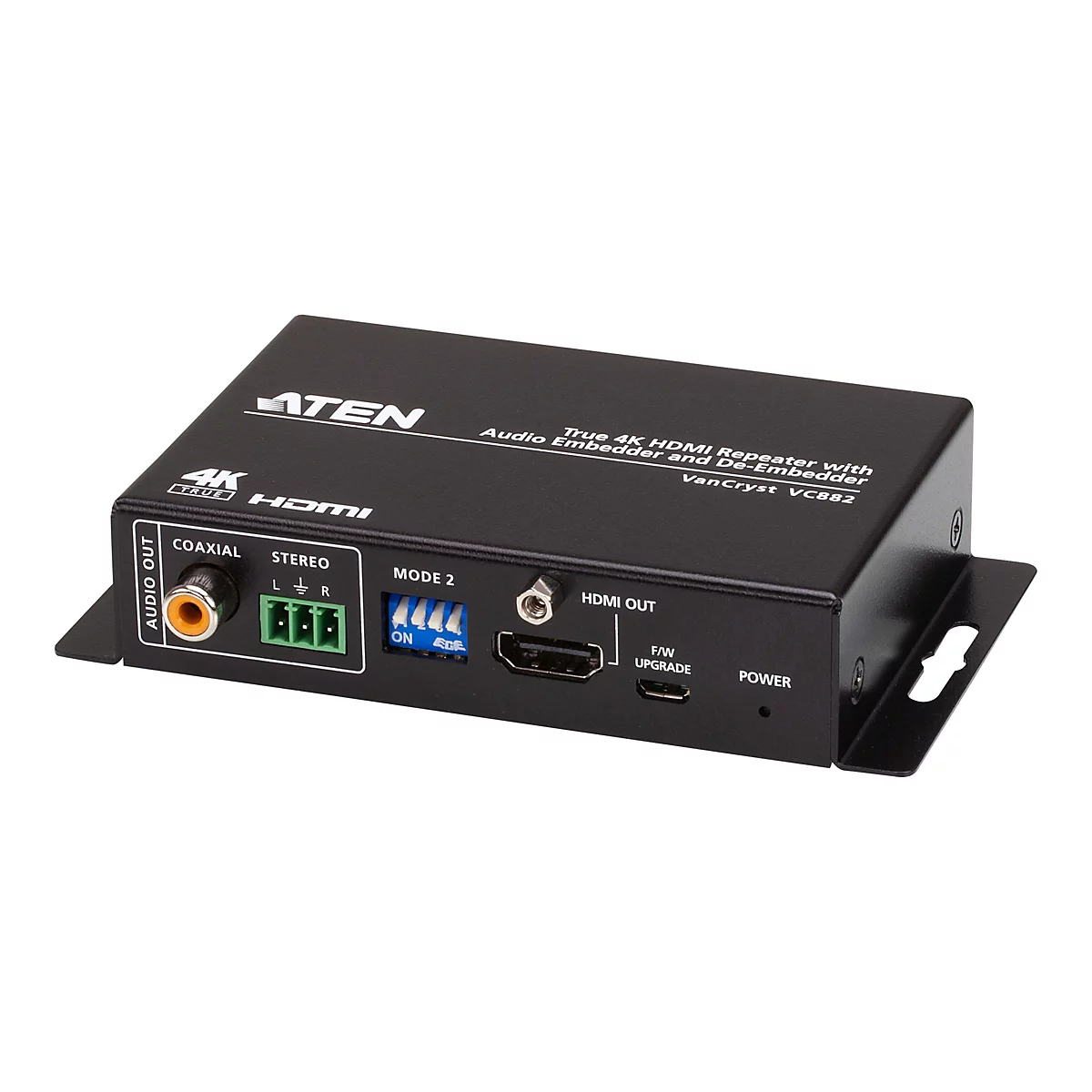 Schwarzer ATEN VC882 HDMI Repeater mit Audio-Ein- und Ausgängen vor weißem Hintergrund.