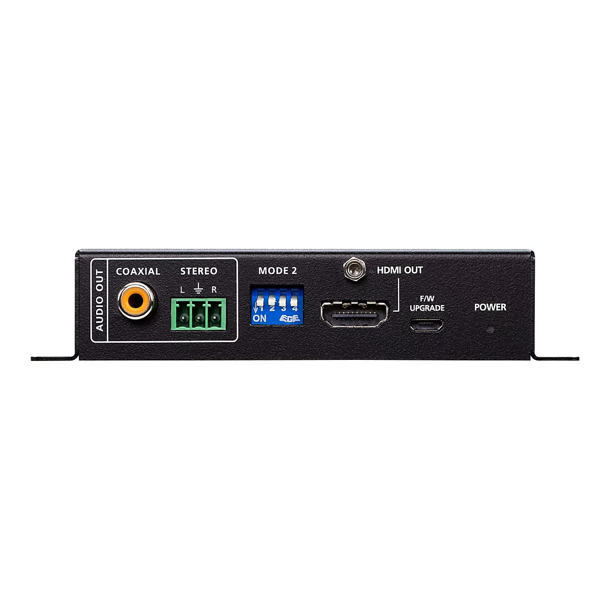 Rückseite eines schwarzen elektronischen Geräts mit Anschlüssen für Coaxial, Stereo, HDMI, F/W Upgrade und Power.