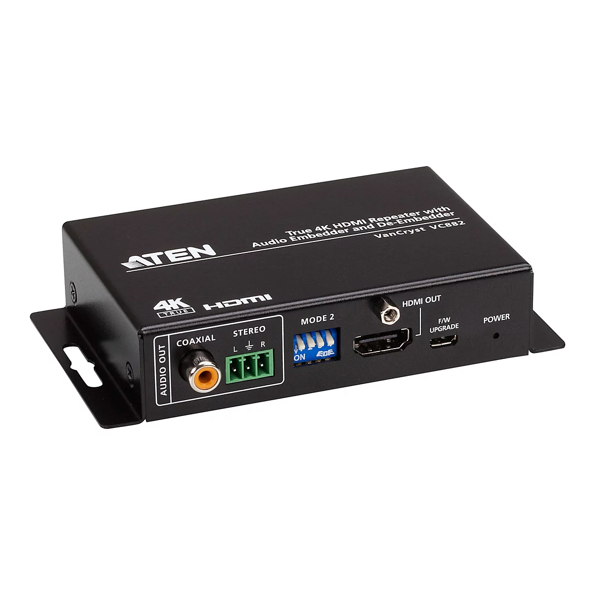 Schwarzer ATEN 4K HDMI Repeater mit Audio-Anschlüssen vor weißem Hintergrund.