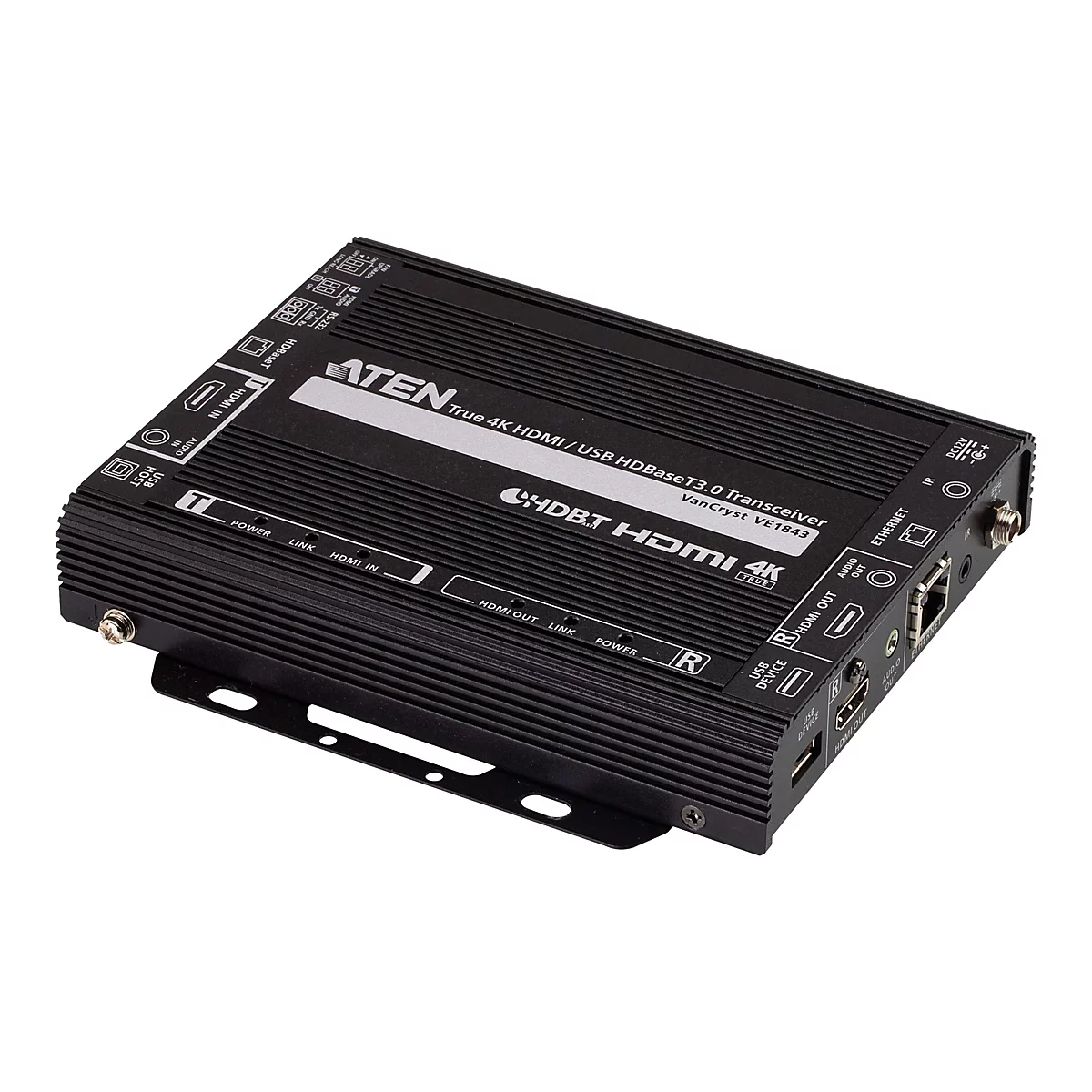 Schwarzer ATEN VanCryst VE1843 HDMI/USB HDBaseT-Transceiver mit verschiedenen Anschlüssen auf weißem Hintergrund.