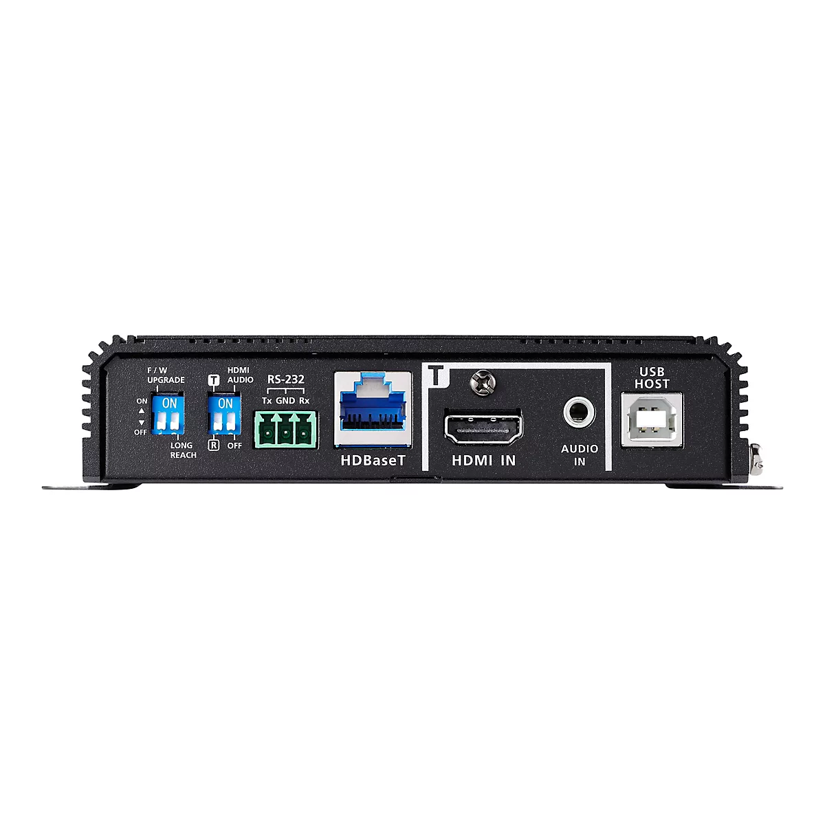 Rückseite eines schwarzen elektronischen Geräts mit Anschlüssen für HDBaseT, HDMI, Audio und USB.