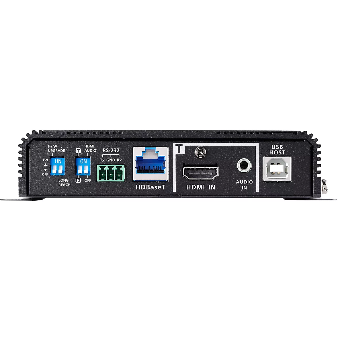 Rückseite eines schwarzen technischen Geräts mit Anschlüssen für HDBaseT, HDMI, Audio, USB und DIP-Schaltern.
