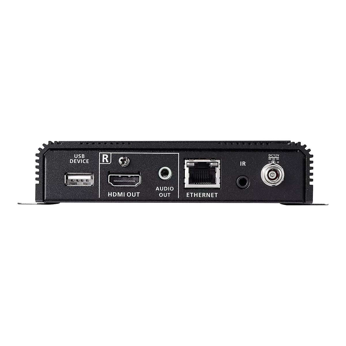 Rückseite eines schwarzen elektronischen Geräts mit Anschlüssen für USB, HDMI, Audio, Ethernet, Infrarot und Strom.