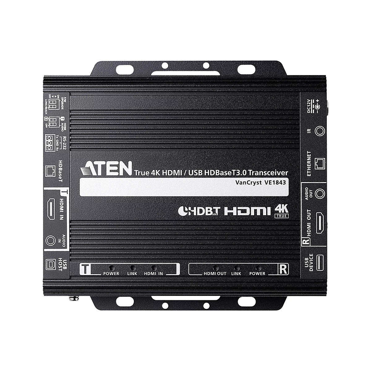 Schwarzer ATEN VE1843 HDMI/USB HDBaseT 3.0 Transceiver mit diversen Anschlüssen und LED-Statusanzeigen.