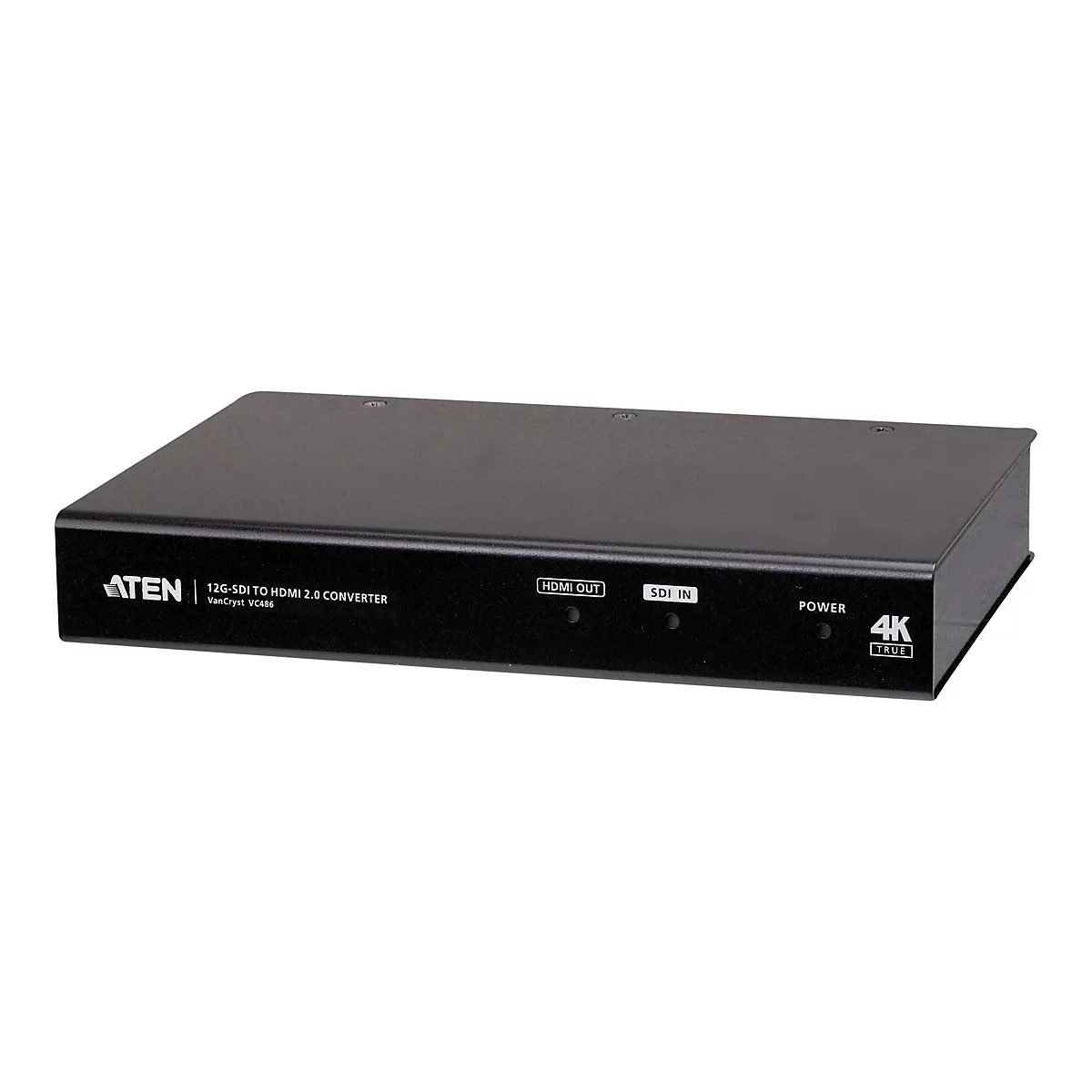 Schwarzer Aten 12G-SDI-auf-HDMI 2.0-Konverter mit Status-LEDs und 4K-Logo auf weißem Hintergrund.